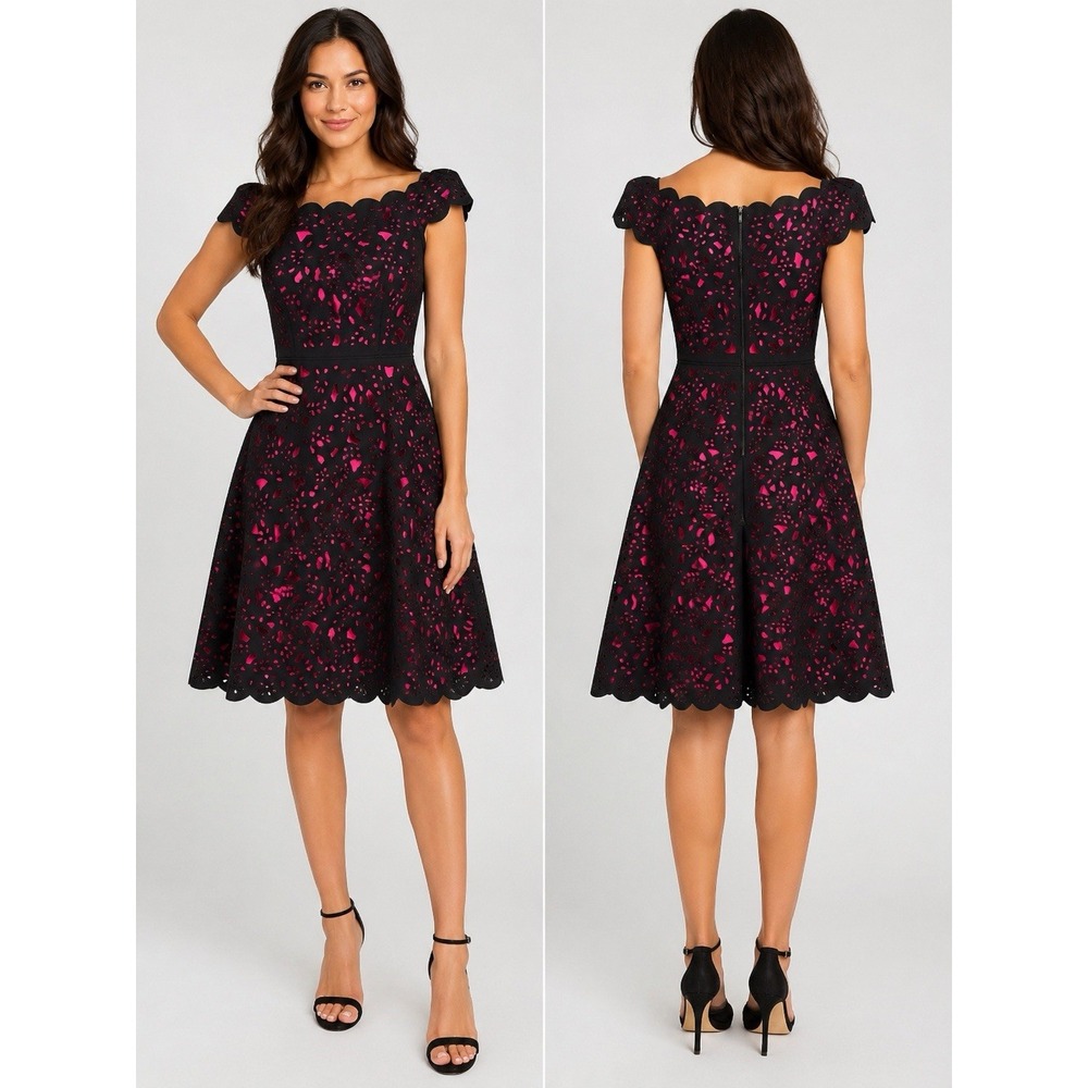 Shani Black Pink Laser Cut Fit & Flare Cocktail Dress Women's US 4 Scalloped